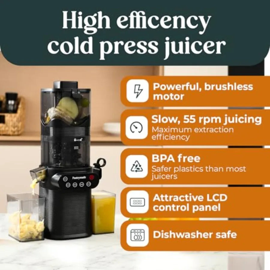 Cold Press Juicer for whole fruits/vegetables: slow masticating, high juice yield, 5.5 feed chute, easy clean, BPA-free, brushl