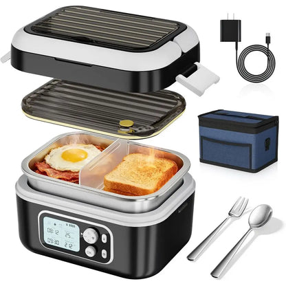 100W 24000mAh Large Capacity Electric Lunch Box with Smart Timer, 6.3-Cup, Portable Food Warmer for Outdoor/Office Use, Black