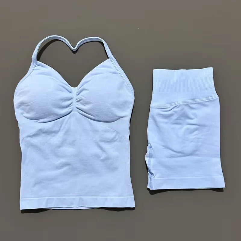 HISTELLO 2 Pieces Sports Set Women Yoga Longline Strap Top Scrunch Seamless Shorts Sport Gym Set Sportswear Workout Fitness Set