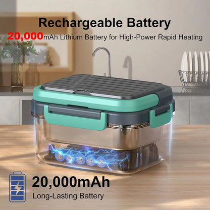 Portable 1.5L Electric Lunch Box - 6.3 Cups, 100W Rechargeable, Smart Heating Food Warmer with Removable Divider, Spoon, BPA-Fre