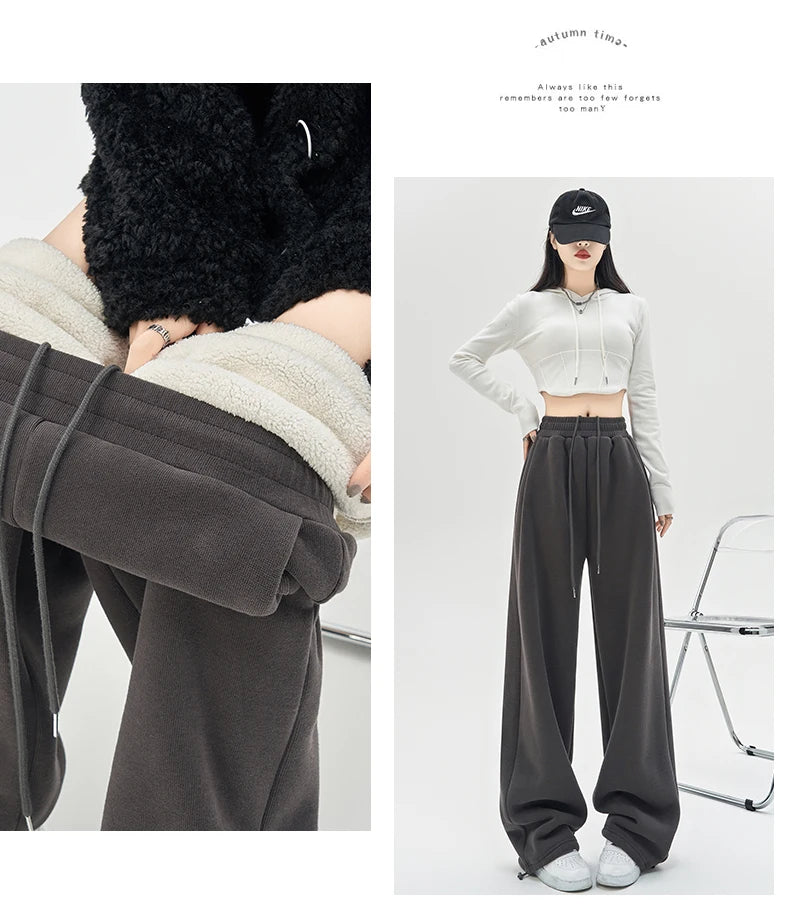 Gray Lamb Velvet Sport Pants Women's High Waist Drapey Fleece Wide Leg Casual Small Size Thickened Cotton Pants