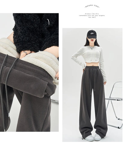 Gray Lamb Velvet Sport Pants Women's High Waist Drapey Fleece Wide Leg Casual Small Size Thickened Cotton Pants