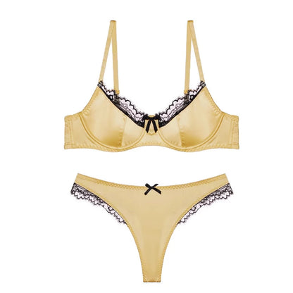 Luxury Satin Lace Lingerie Set Breathable Thin Cotton Cups Underwire Push Up Bra And Thong Sexy Women Underwear for Small Chest