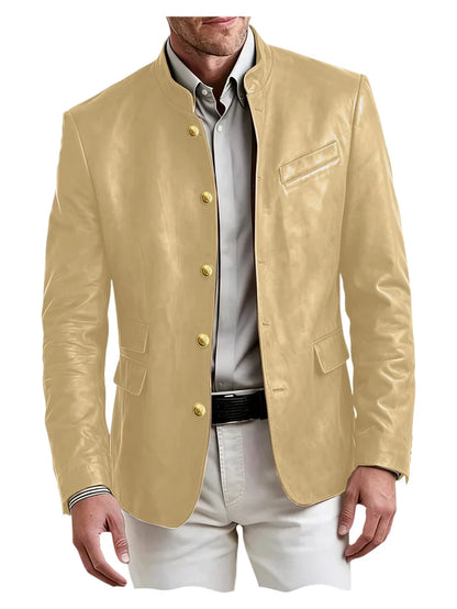 Men's Stand Collar Leather Blazer Slim Fit Single Breasted Golden Metal Buttons Multi Pocket Coat For Business Wedding Daily