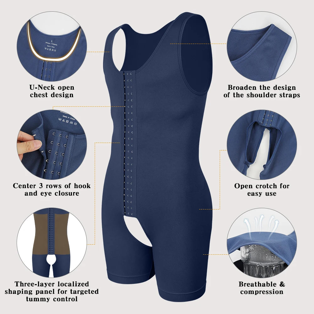 Men's Sleeveless Compression Shapewear Bodysuit Tummy Control Slimming Vest 3-Row Hooks Open Crotch Underwear for Daily Wear