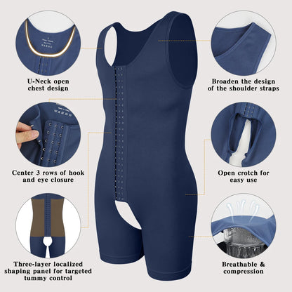Men's Sleeveless Compression Shapewear Bodysuit Tummy Control Slimming Vest 3-Row Hooks Open Crotch Underwear for Daily Wear