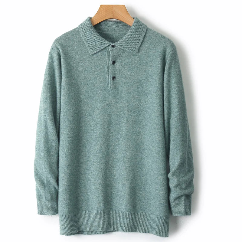 Autumn And Winter 100% Pure Wool Men's Polo Lapel Sweater Loose Large Size Casual Knit Bottoming Shirt