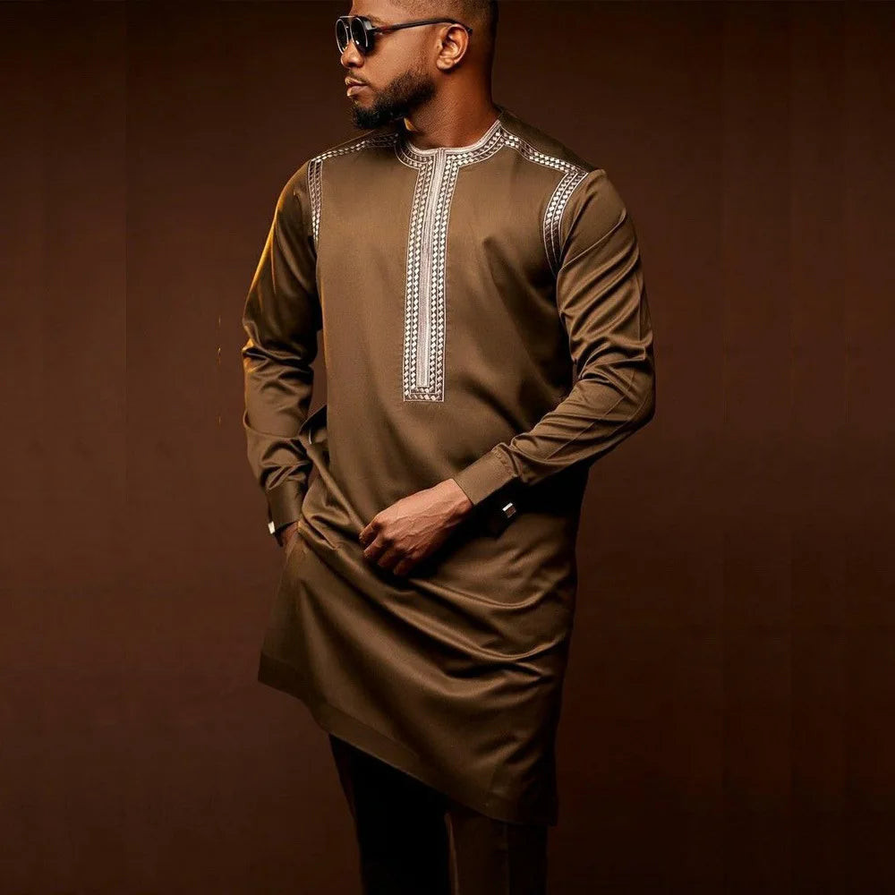 Fashionable Ethnic Embroidered Long Sleeve Long Pants Suit for Men New 2026 Style Summer Season round Neck Single Button Closure
