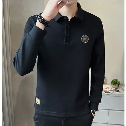Korean Autumn New Polo T Shirt for Men 100℅ Cotton Pullovers Elasticity Social Xl Cheap Clothes Long Sleeve Xxl Man Sweatshirt