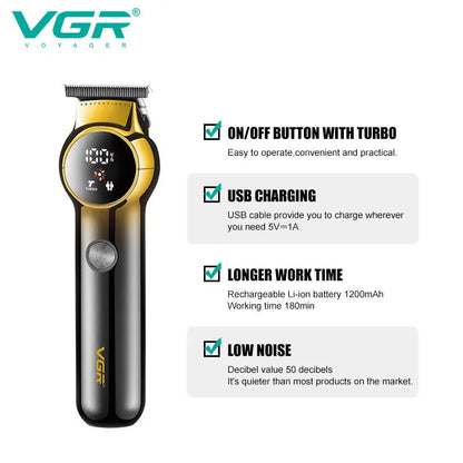 VGR 989 Men's Hair Clipper Gradient Color Body Hair Trimmer USB Dual Use Pusher Powerful LED Intelligent Digital Display Pusher