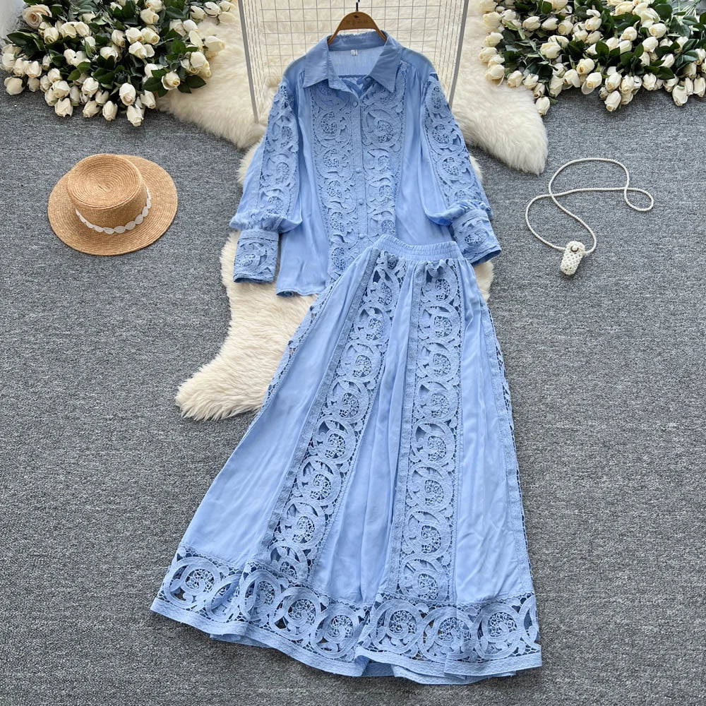 Elegant Lace Hollow out Long Sleeve Shirt And High Waist Half Skirt Two Piece Set for Women Fashionable And Stylish Ensemble