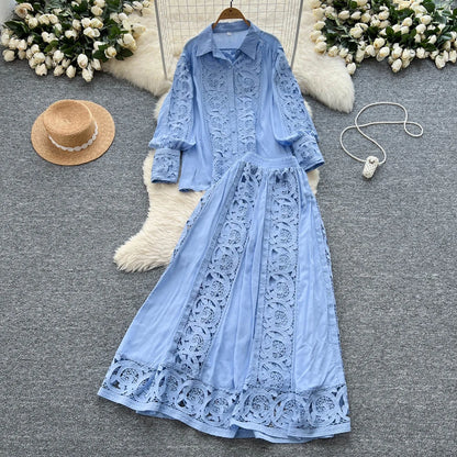 Elegant Lace Hollow out Long Sleeve Shirt And High Waist Half Skirt Two Piece Set for Women Fashionable And Stylish Ensemble