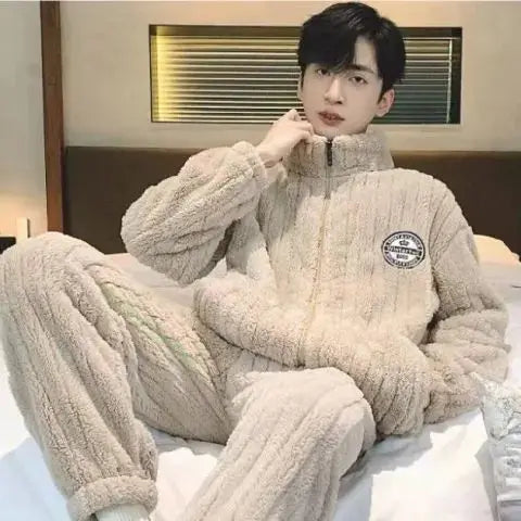 2026 New Coral Fleece Sleepwear Men's Fashionable Warm Flannel Spring Autumn Winter Thickened Outdoor Wear Home Clothes
