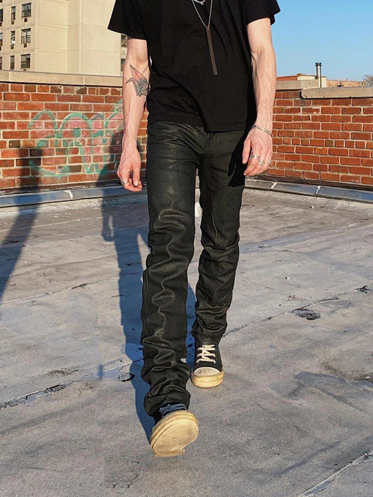 High Street Dark Ro Jeans Pants Classic Men's High Street Dark RO Wax Coating Process Slim Fit Basic Simple Long Denim Pants