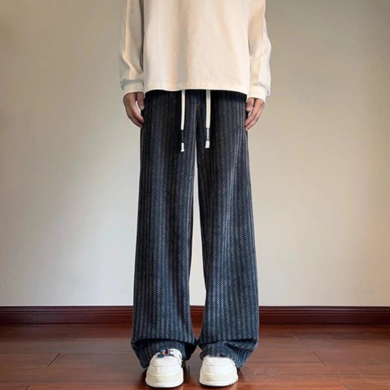 Soft Knit Casual Joggers for Men Plaid Style Stripe Design Loose Fit Sports Pants Warm for Fall Winter