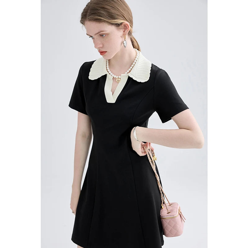 Women Dress Black Elegant Vintage French Style Short Sleeve Cute Casual New Fashion Polo-Neck Office Ladies Mini Dress 2026