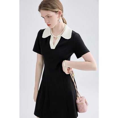 Women Dress Black Elegant Vintage French Style Short Sleeve Cute Casual New Fashion Polo-Neck Office Ladies Mini Dress 2026