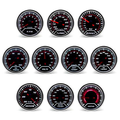 52mm Racing Gauge 12V LED Smoke Len -1~0~2 BAR Turbo Boost Water Temperature Oil Pressure Voltmeter Air Fuel Ratio Meter For 12V