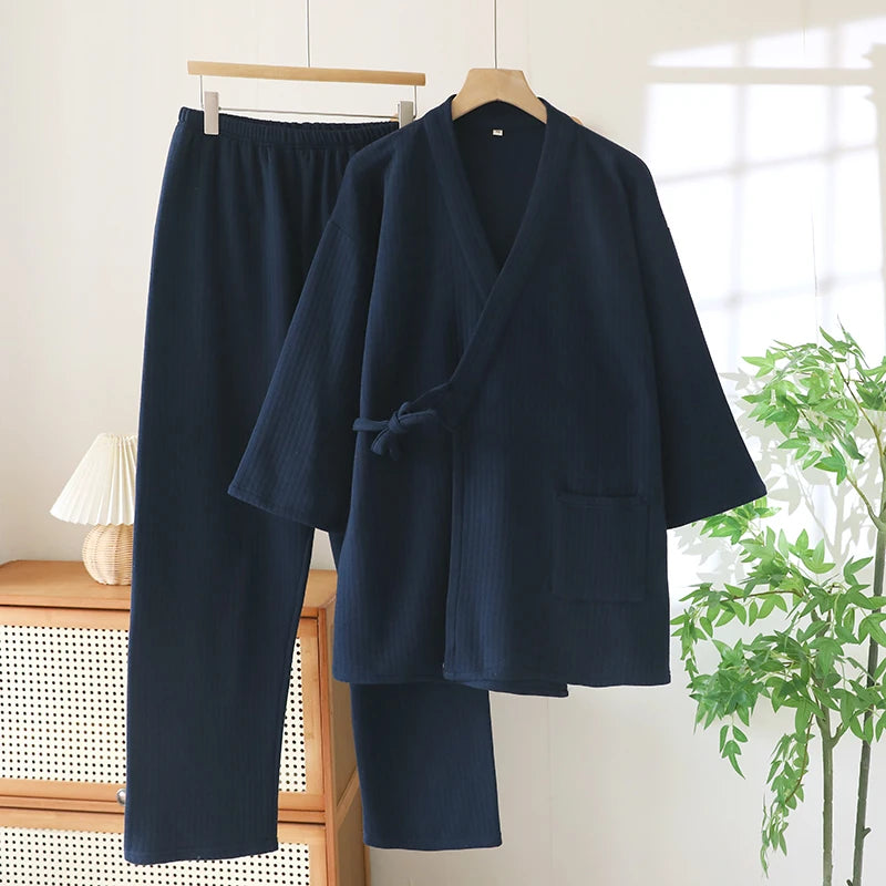 Thickened Cotton Kimono Style Men's Sleepwear Air Layer Home Clothes Autumn Winter Home Stay Air Conditioned Room Unisex