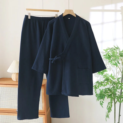 Thickened Cotton Kimono Style Men's Sleepwear Air Layer Home Clothes Autumn Winter Home Stay Air Conditioned Room Unisex