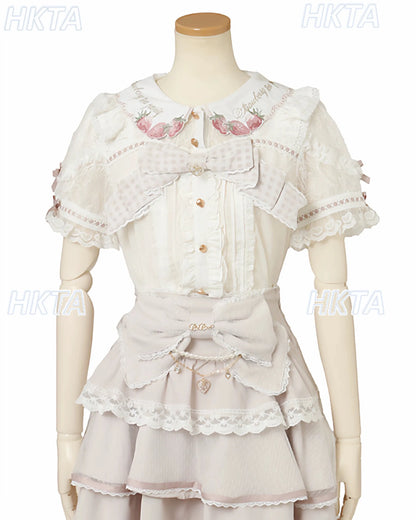 Japanese Mass Produced New Sweet Doll Collar Lolita Strawberry White Shirt Female 2026 Spring Pleated Lace Bow Blouses Top Women