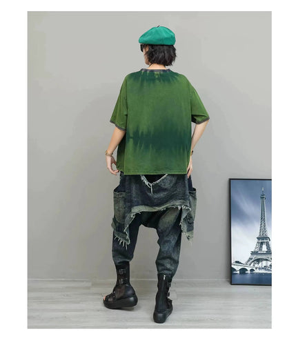 Color-blocked Suit Women Short-sleeve T-shirt + Loose Faux Two-piece Denim Drop-crotch Pants Two Piece Set Summer XY311