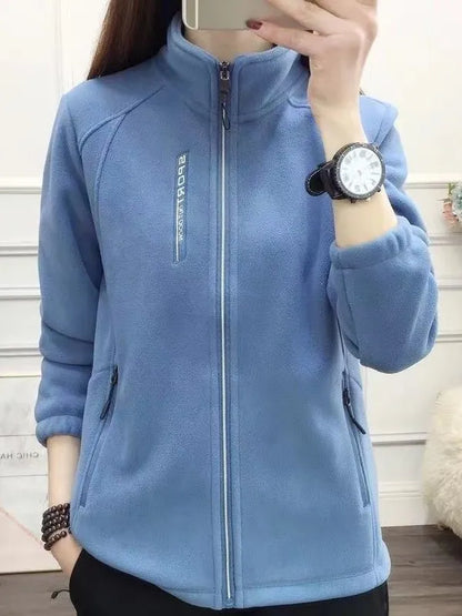 2024 Autumn Winter Thickened Fleece Ladies Outdoor Jacket Stand Collar Sweatshirt Cardigan Soft Plush Warm Upper Apparel