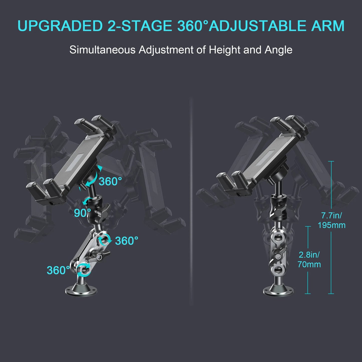 Heavy Duty Tablet Holder Wear Resist 2-Stage Phone Stand 360 Degree Rotable Car Dashboard Phone Mount for Car Bike Boats Trucks
