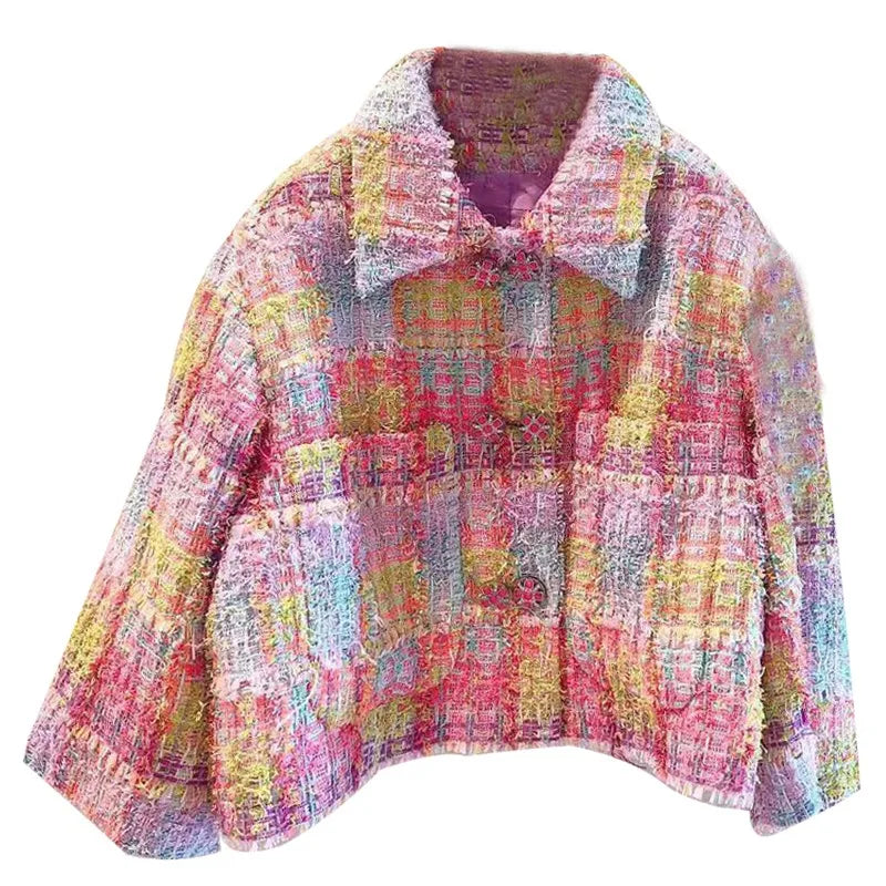 Office Ladies Elegant Mixed Colors Lattice Tweed Jacket Skirt 2 Piece Set Fashion Short Coat Split Skirts Women Matching Sets