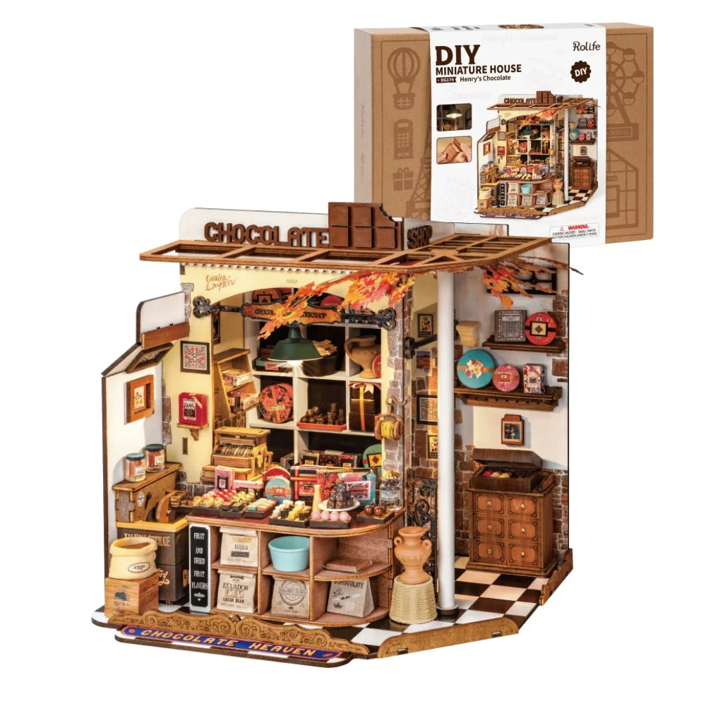 Rolife Henry's Chocolate DIY Miniature House Kit  Wooden Dollhouse Model Building Kit With LED Craft Gifts for Adults