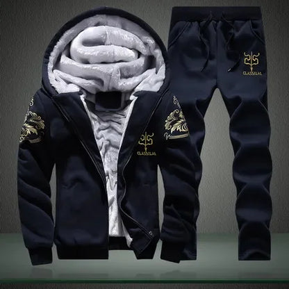 Winter Men Set Casual Warm Thick Hooded Jacket+Pants 2PC Sets Men Inner Fleece Hoodies Zipper Tracksuit Male Sports Suit Outwear