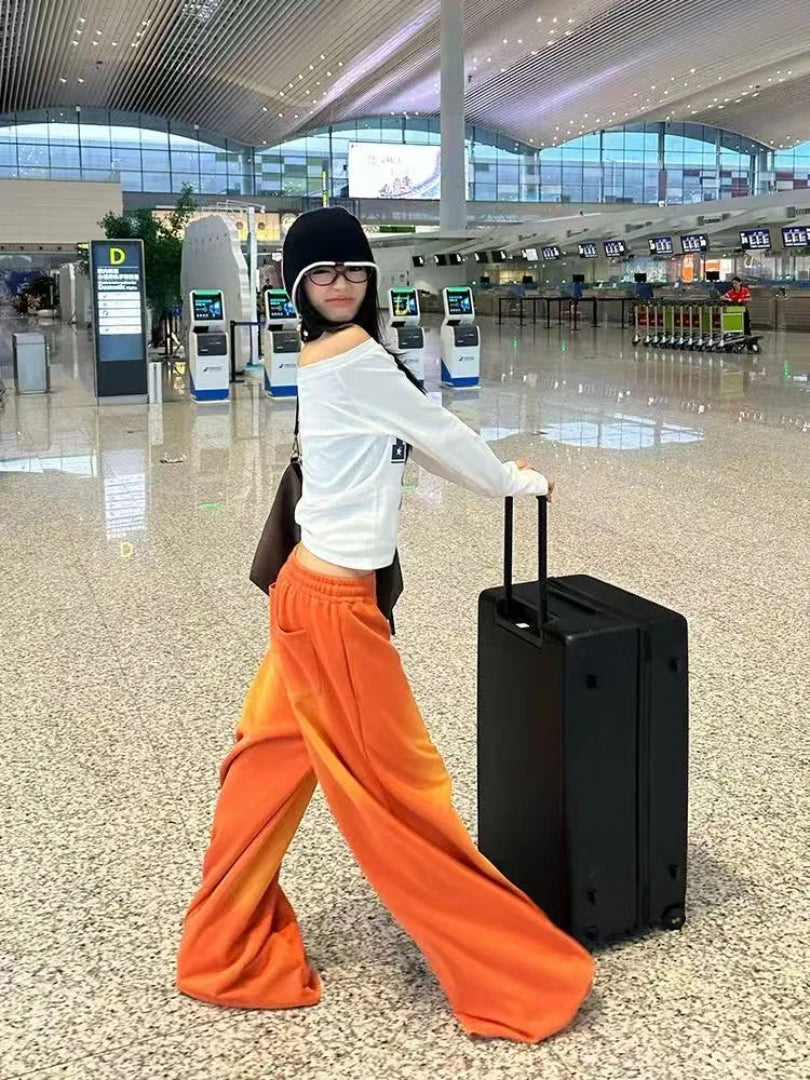 NUOMICI Women's Jeans Orange Mid Low Waist Washed Retro Wide Leg Loose Sports Kpop Hip-hop Street Pants Fashion Women's Pants