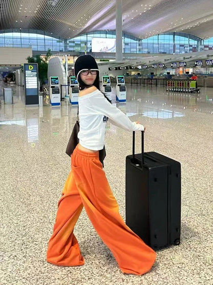 NUOMICI Women's Jeans Orange Mid Low Waist Washed Retro Wide Leg Loose Sports Kpop Hip-hop Street Pants Fashion Women's Pants
