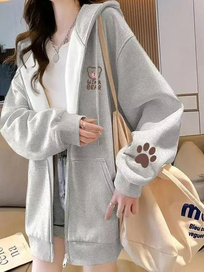 Korean Style Fleece Lined Oversized Hooded Cardigan Women's Autumn Winter Zipper Cartoon Print Top Coat Trendy Streetwear