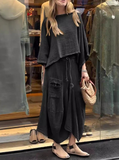 2024 Autumn Fashion New Women's Cotton and Linen Loose Skirt Two-piece Set Solid Color Irregular Top Waist Pocket Skirt Set