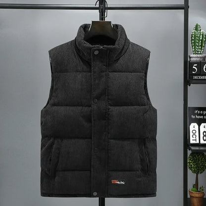 2025 New Vest Jacket Men's Autumn Winter Warm Coat Stand Collar Padded Waistcoat Corduroy Work Wear Male Clothes M-5XL
