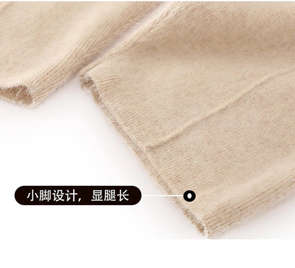 100% mink wool knitted high-waisted pencil pants women's casual autumn and winter new warm solid color thick cashmere pants