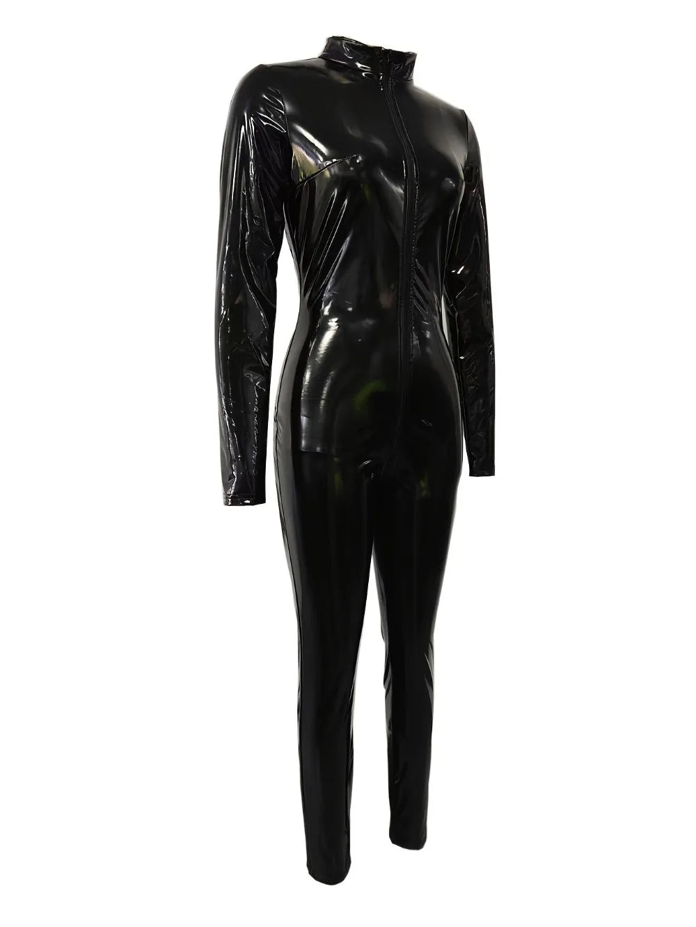 Women's Sexy Glossy Elastic PU Tights Turtleneck Front Zipper Open Women's Imitation Leather Catsuit Jumpsuit Bodysuit