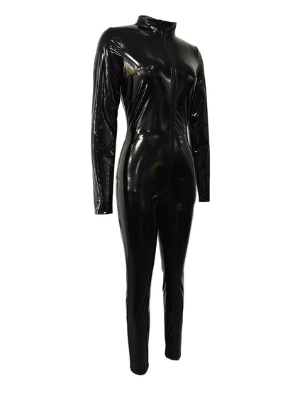 Women's Sexy Glossy Elastic PU Tights Turtleneck Front Zipper Open Women's Imitation Leather Catsuit Jumpsuit Bodysuit