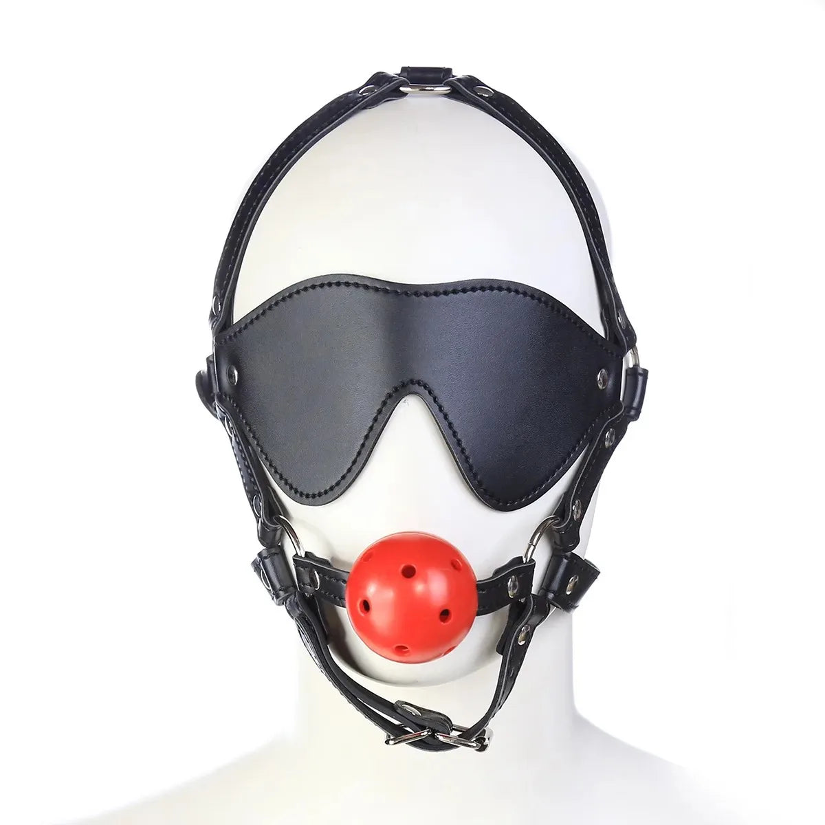 BDSM PU Leather Ball Mouth Gag Eye Mask Harness Oral Restraint Roleplay Fetish Toy For Adult Couples 18+