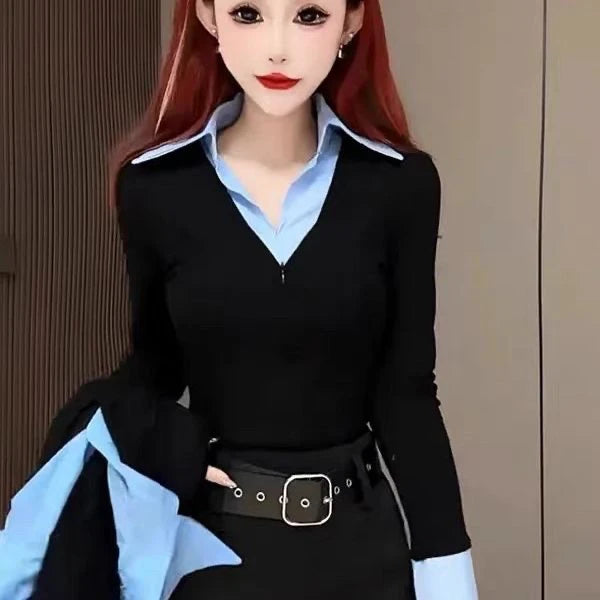 Spring Autumn 2026 Women's Slim Fit V Neck Bell Sleeve Shirt Color Block Waist Cinched False Two Piece Style Fashionable Offi...