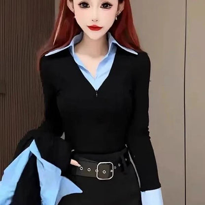 Spring Autumn 2026 Women's Slim Fit V Neck Bell Sleeve Shirt Color Block Waist Cinched False Two Piece Style Fashionable Offi...