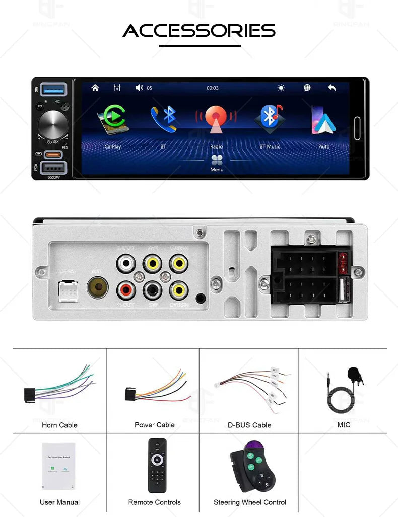 6.5 Inch 1Din Car Radio Carplay Android Auto Mirrorlink Bluetooth FM/AM EQ AUX Touch Screen Universal Autoradio Stereo MP5