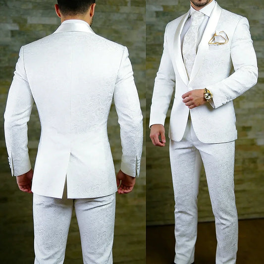 Elegant White Jacquard Fabric Men's Suits In Stock Formal One-Button Slim Fit Back Vent Shawl Lapel 2 Piece Jacket Pants Blazer