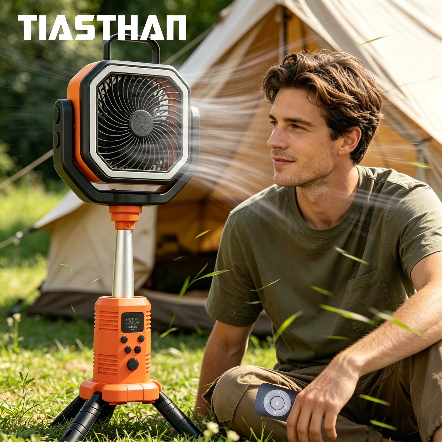 30000mAh Remote Control Camping Fan with Hook and 3 Brightness LED Lights – USB Charging Desk Fan for Outdoor Portable Fan