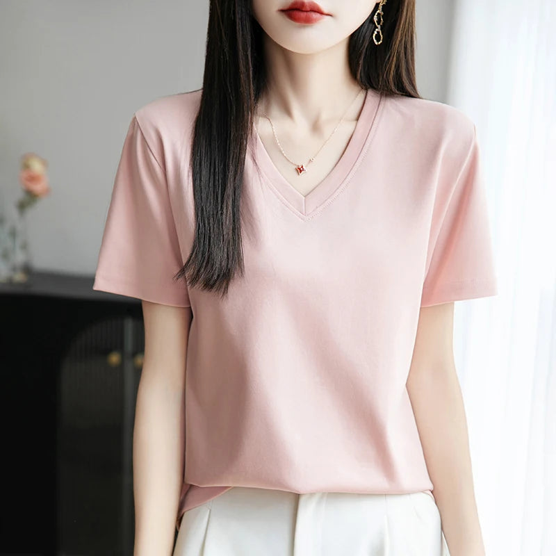 2026 Summer New Pure Cotton V-neck Short-sleeved T-shirt Women's Solid Color Joker Pullover Shirt with Loose Sleeve Bottom Shirt