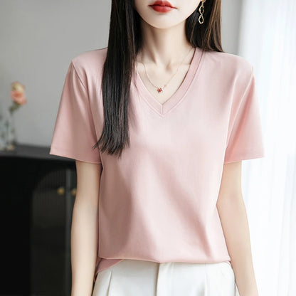 2026 Summer New Pure Cotton V-neck Short-sleeved T-shirt Women's Solid Color Joker Pullover Shirt with Loose Sleeve Bottom Shirt