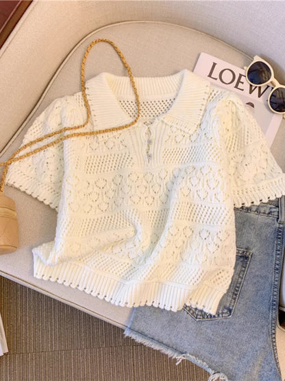 2024 New Hollow out Knitted Short Sleeve  Neck T-Shirt Women Summer Sweet And Spicy  Top Short Length Breathable
