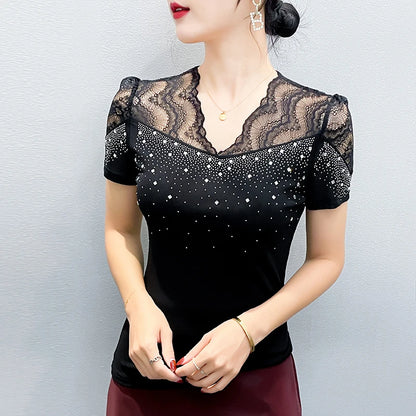 2026 Summer Women Tops New Korean Fashion Diamond Mesh T Shirt V-neck Short Sleeved Patchwork Lace Shirt