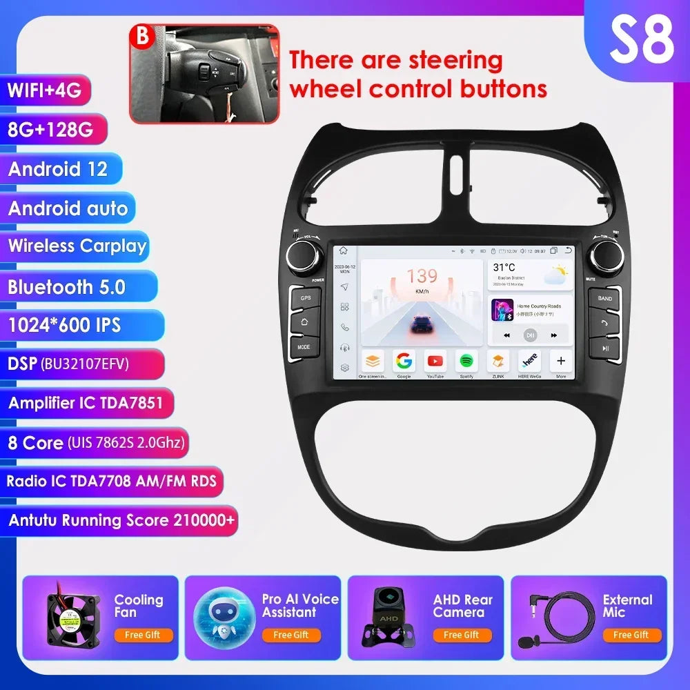 Android 14 Car radio for PEUGEOT 206 206CC 206SW 2000-2005 2006 2007 2008 Multimedia player GPS navi Video 7862 2din Autoradio
